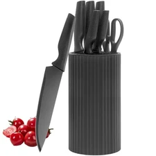 Knife Set with Block 7PCS Non-Stick Stainless Steel Kitchen Knives Including ...