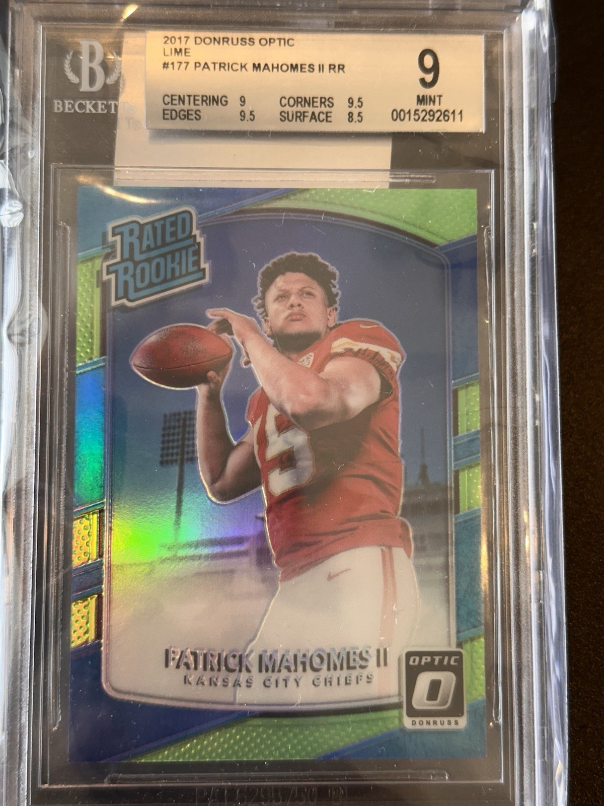 2017 Optic RR Patrick Mahomes II #177 Lime Green Prizm BGS 9 (2 9.5’s) Chiefs