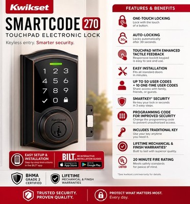 Kwikset SmartCode 270 Venetian Bronze Touchpad Electronic Deadbolt SmartKey