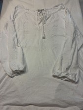 Lucky Brand White Embroidered Tassel Tie Peasant Blouse Top Size 1X