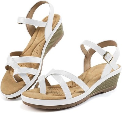 Aomigoct Ankle Sandals Womens 9 White Comfortable Cushioned Strap Toe Post Wedge