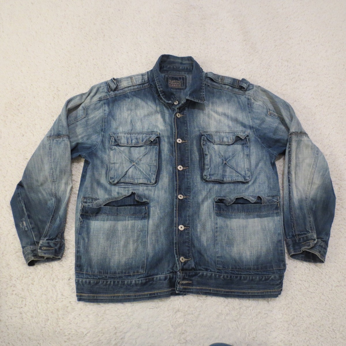 ジャケット Marithe + Francois Girbaud CLASSIC LOGO DENIM VARSITY JACKET Marithe Francois Girbaud Jacket Mens XL Blue Denim Military