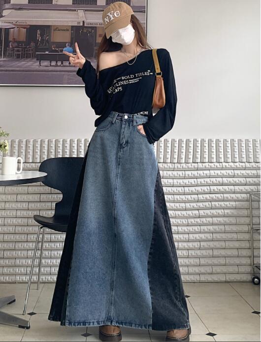 【 】★大人気★Denim Maxi Skirt★関税・送料無料★ Women's 2023 Fashion Two Tone High Waist Retro Denim Long A