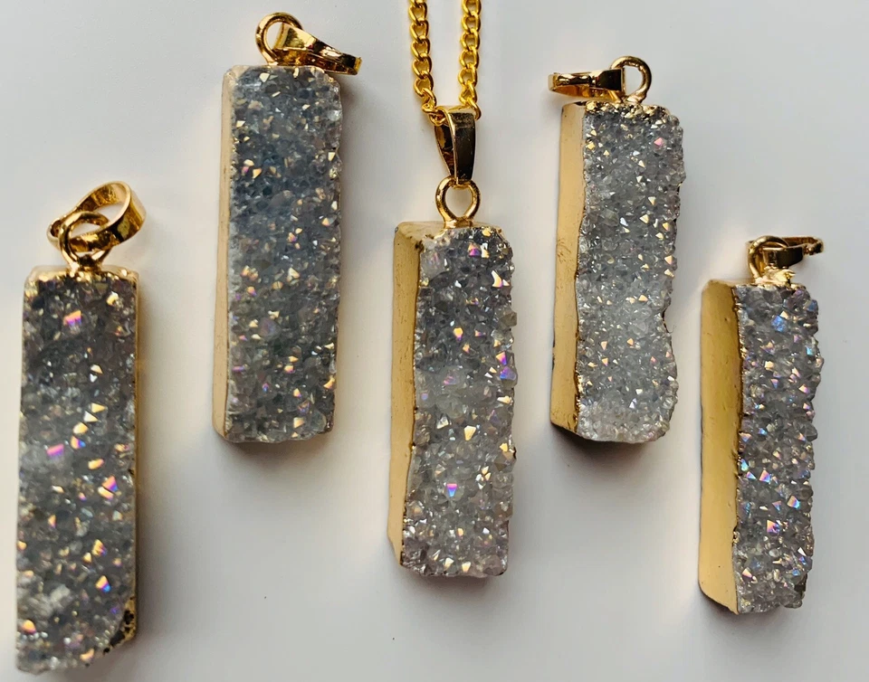 Collar Barra Gris Plata Chapado en Oro Natural Druzy Geoda Colgante Cristal NUEVO Foto 3 de 4