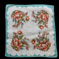 Vintage Hanky Handkerchief Floral Flowers Orange Turquoise White