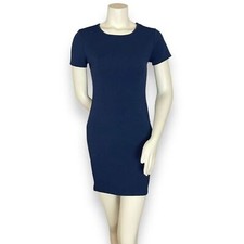 Vintage Y2K Dress Short Sleeve Navy Blue Round Neckline Stretch Bodycon Simple