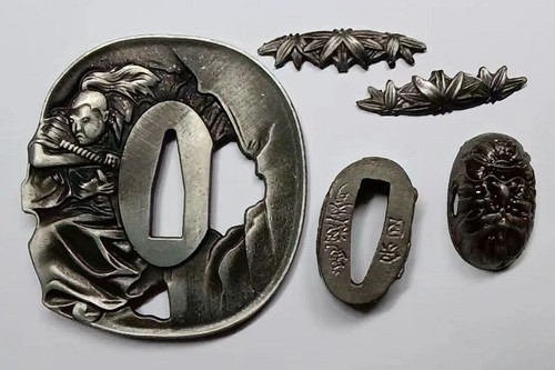 Excellent Set Skull-Head Tsuba Fuchi Kashira For Japanese Katana Sword Wakizashi - Picture 9 of 9