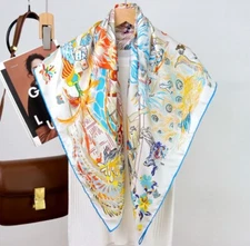 Pure 14 Momme Twill Silk Wrap Scarf Bandanna character Print Square Shawl 35’’