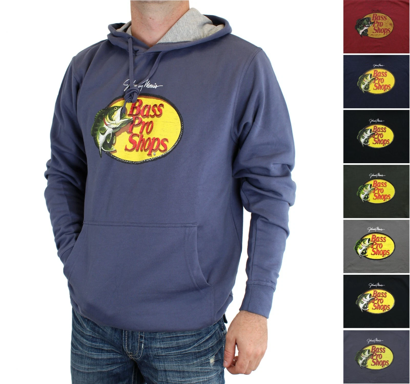 Bass Pro Shops Men's Hoodie Woodcut Johnny Morris Logo Long Sleeve Fleece Lined