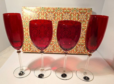 Cristalleria Fratelli Fumo Handmade Wine & Champagne Glass Set Amber 4pc New Box