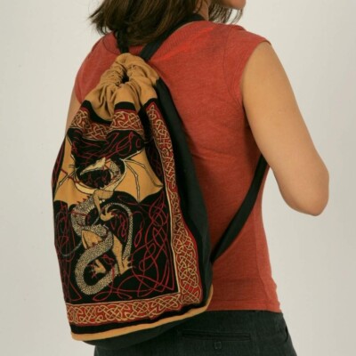 Handmade 100% Cotton Celtic Dragon Bag Backpackl flat Bottom 15x18 inches