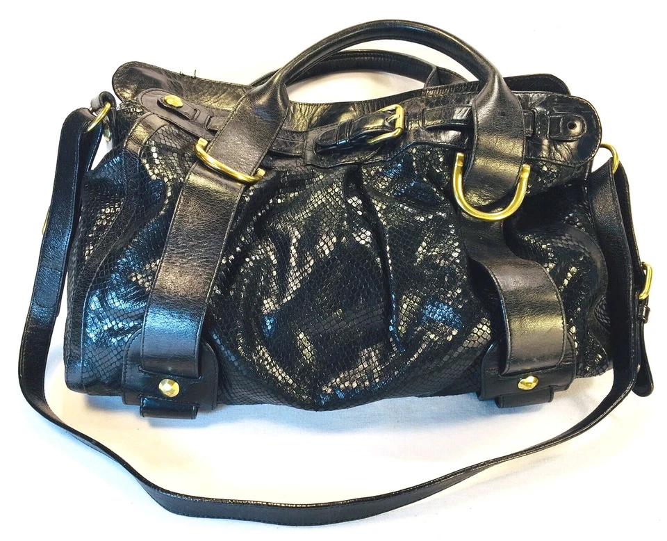Kooba Black Snake Embossed Leather Shoulder & Two Handle Satchel Tote