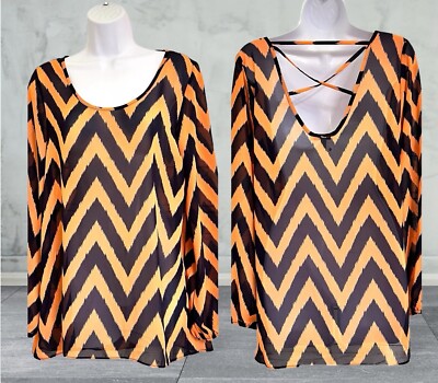 Moa Moa Blouse Top Size M Long Sleeves Chevron Pattern Sheer Orange Navy