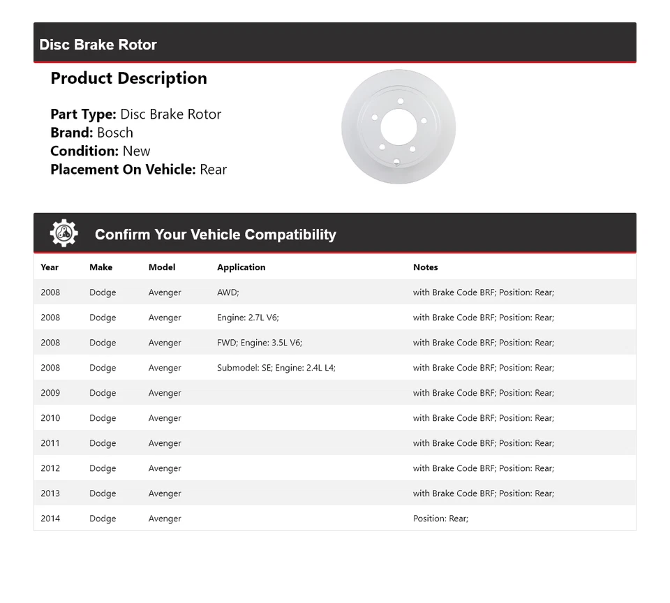 Для 2008-2014 Dodge Avenger Bosch тихий литой дисковый тормоз ротор задний 2009 2010 2011 - Изображение 2 из 4