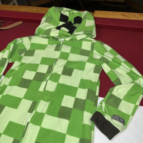 Minecraft Creeper Green Squares Hooded One Piece Zip Fleece Full Pajamas Boys Lg - Picture 5 of 16