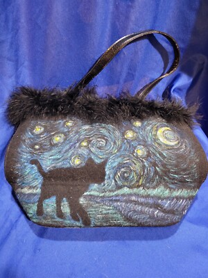 Vintage Van Gogh Starry Night Black Cat Purse Ooak Handpainted Signed