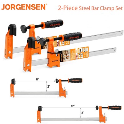 Jorgensen 2Piece Steel Bar Clamp Set Light Duty F-Clamp 8-inch&12-inch Bar Clamp