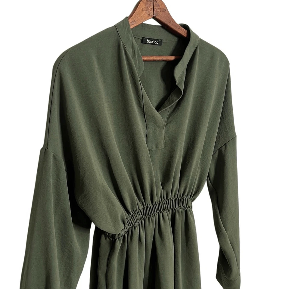 Boohoo Long Sleeve Elastic Waistband Tunic Pullover Blouse Top Green Size 2 - Image 2 of 4