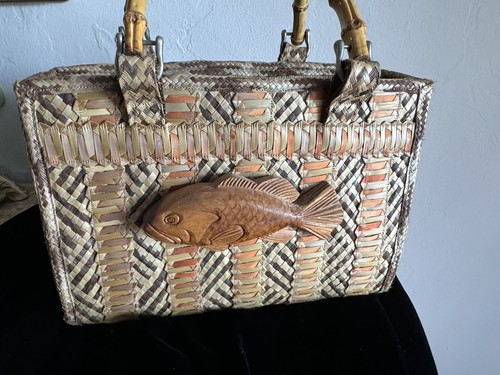 Vintage Harl Taylor Handbag Purse Rattan Weave Wood Fish Bamboo Handles Bahamas - Picture 5 of 24