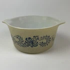 Vintage Pyrex Round Casserole Homestead Beige Blue Flowers 1.5 Qt With Lid