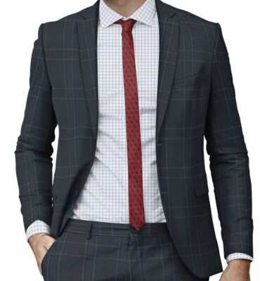 Mens Blue Suits Custom Tailor Made Windowpane Box Check Suit Cashmere Wool