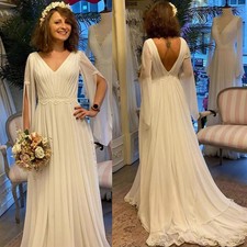 Boho Chiffon Wedding Dresses V Neck Long Sleeves with Split Backless Bridal Gown