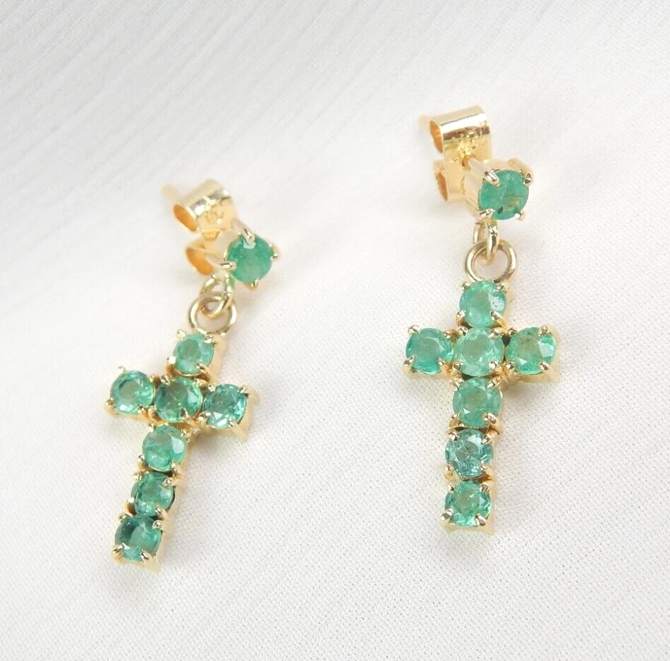 Colombian Emerald Cross Earrings 1.60 Cts Round shape 18K Yellow