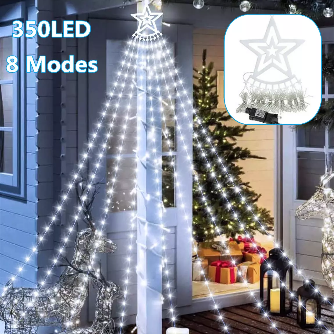 Outdoor Christmas Decor Plug in LED Star String Lights Waterfall