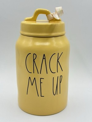 Rae Dunn Crack Me Up Ceramic Canister / Cookie Jar w Lid Yellow Farmhouse EUC