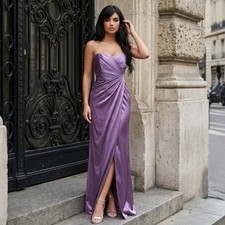Purple Satin Strapless Ruched Evening Gown Dress  Womens 10