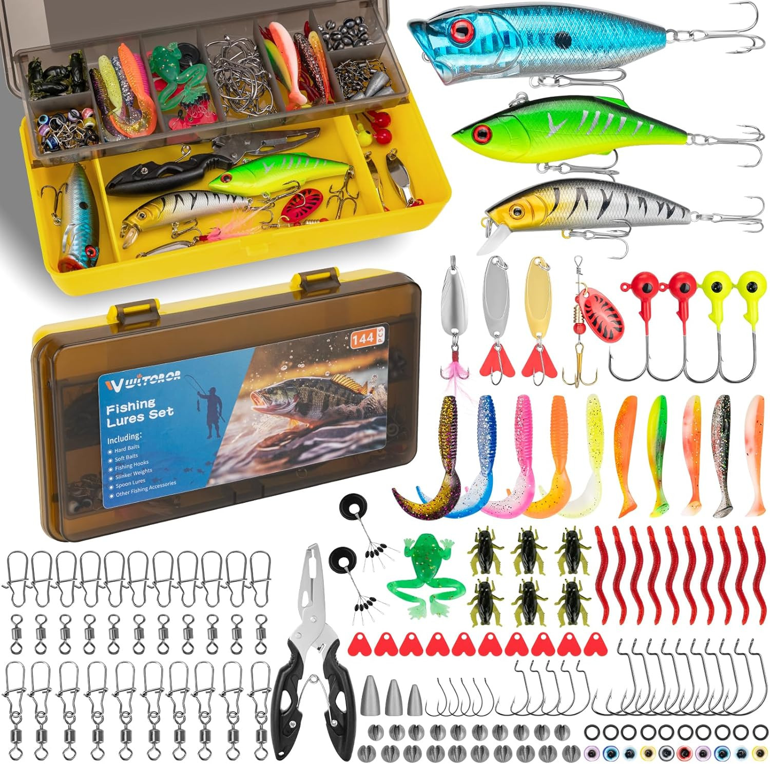 Fishing Lures, 144Pcs Tackle Box Included Crankbaits, Spoon, Hooks, Jigs, Weight