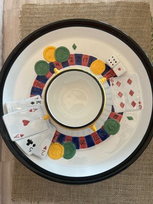 Vintage Casino Roulette Wheel/ Dice /Cards /Poker Chips Ceramic Chip+Dip Plate