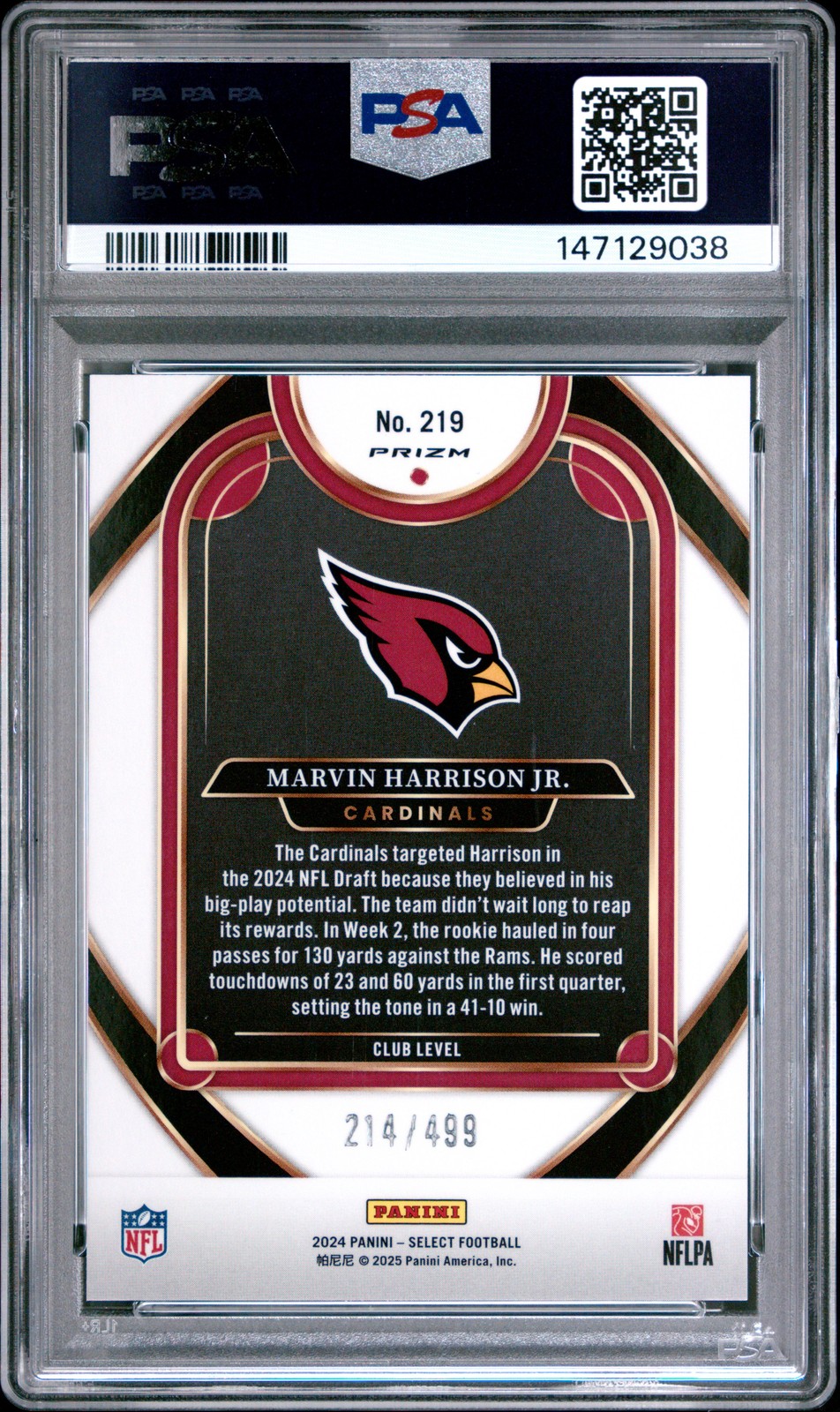 2024 PANINI SELECT NEON GREEN SHOCK #219 MARVIN HARRISON JR. RC /499 PSA 10 view 2