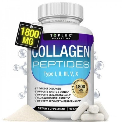 Toplux Nutrition 5-Type Collagen Peptides   Skin & Joint Support, 1800mg, 90 Cap