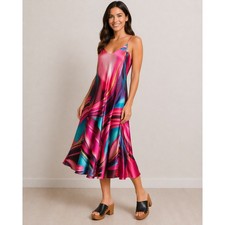 SHARON MAX Abstract Swirl Satin Slip Midi Dress Dopamine 70s Art To Wear Sz M