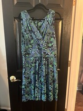 Size 16 Talbots Blue Paisley Sleeveless Fit And Flare Dress Travel Wrinkle Free