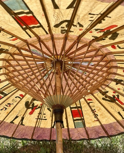 Antique 1920’s Egyptian Revival Japan Hand Painted Rice Paper Anubis Umbrella - Picture 15 of 20