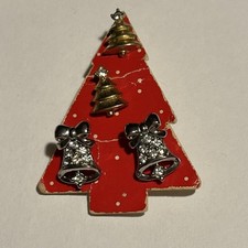 Vintage Silver Tone Christmas Bow Bell Gold Tone Tree Post Earrings