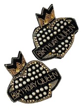 Birthday Queen Black  Gold Crown Heart Earrings