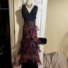 New Burgundy Black Velvet Burnout Motif Whimsigoth Asymmetric Maxi Dress 10