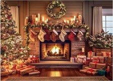 VitalCozy Christmas Fireplace Backdrop Christmas Xmas Tree Stocking Polyester Ba