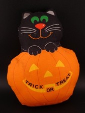 Vintage Halloween Black Cat & Jack O Lantern JOL Hand Made Stuffed Plush Pillow