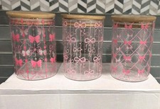 Nib New Set of 3 Pink Bow Glass Bathroom Vanity Candy Storage Jars Containers