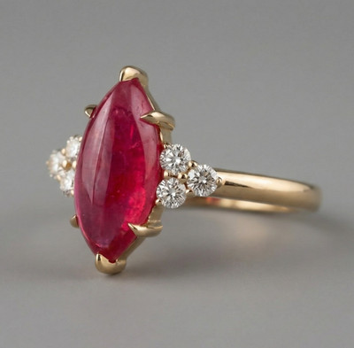 Natural 3ct Ruby  Cabochon Cluster Natural Diamonds Engagement Proposal Prong 
