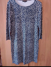 Jaeger Shift Dress L Navy & White Abstract Print Round Neck 3/4 Sleeve