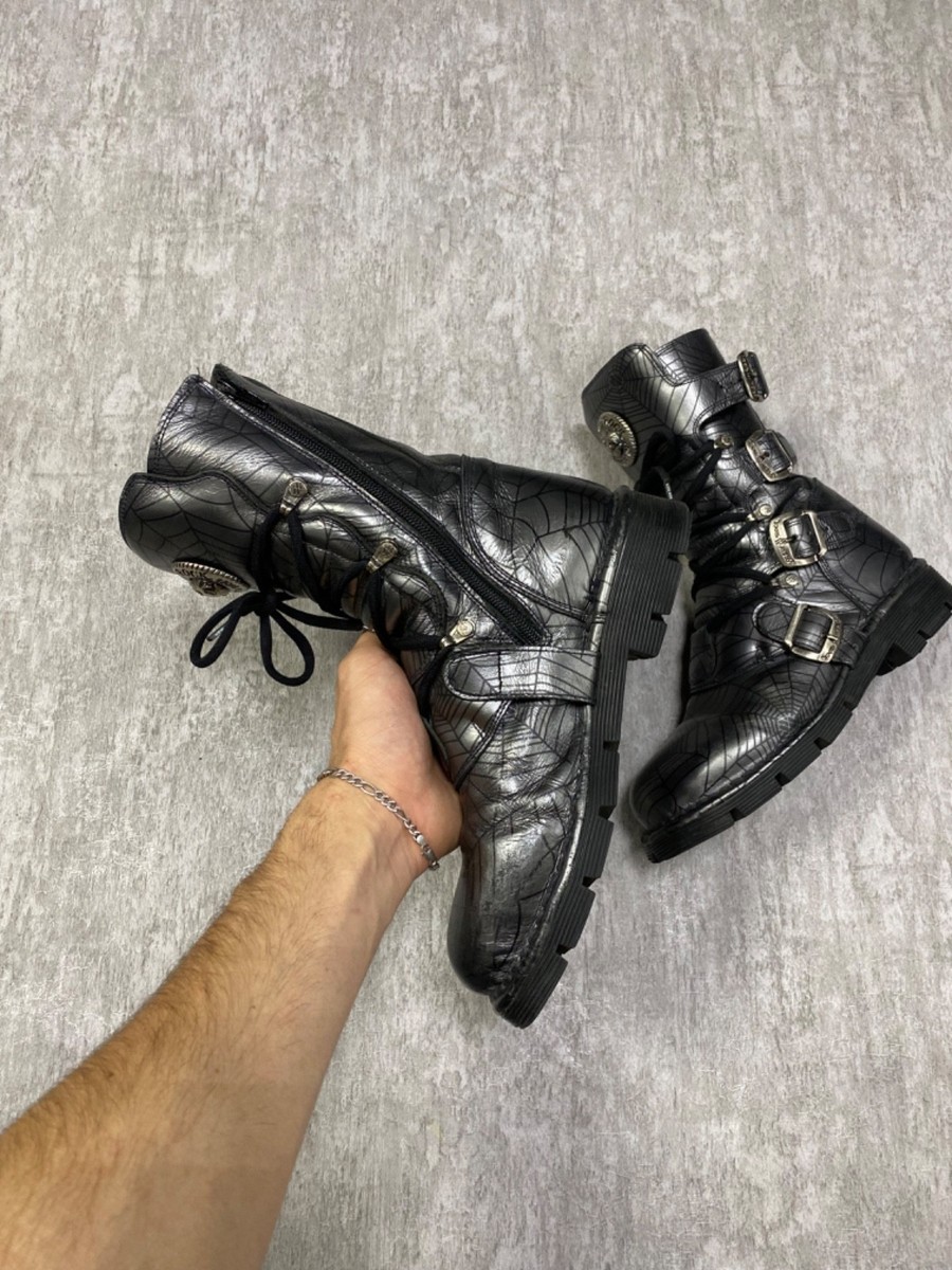 ✰*︎様 GBX ブーツ メタルトュ y2k swag archive NEW Vintage New Rock Boots Silver Spider Web Goth Cyberpunk Y2K Size