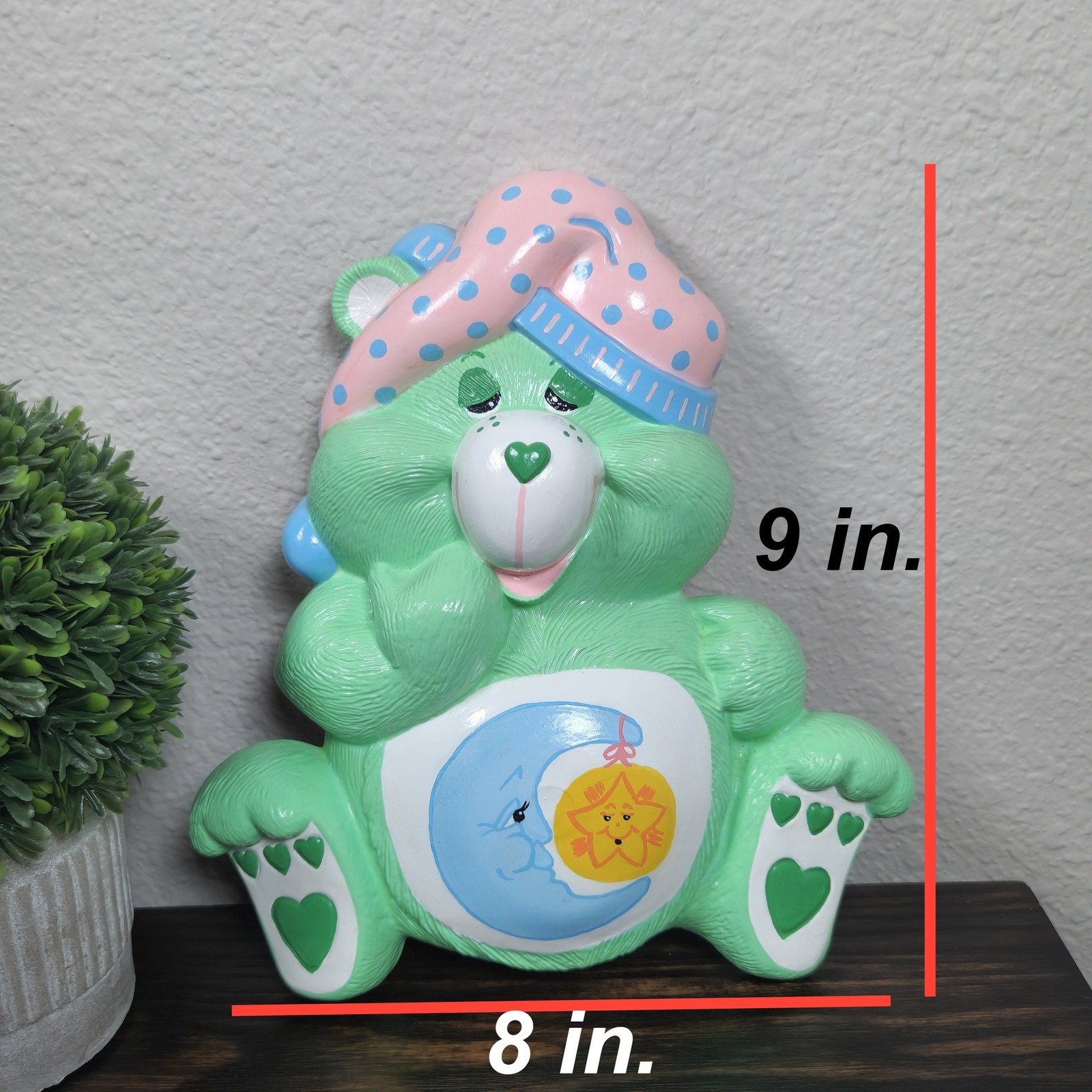 Rare Vintage Ceramic Care Bear Wall Decor Green Sleepy Bear Moon Star 1985 BM