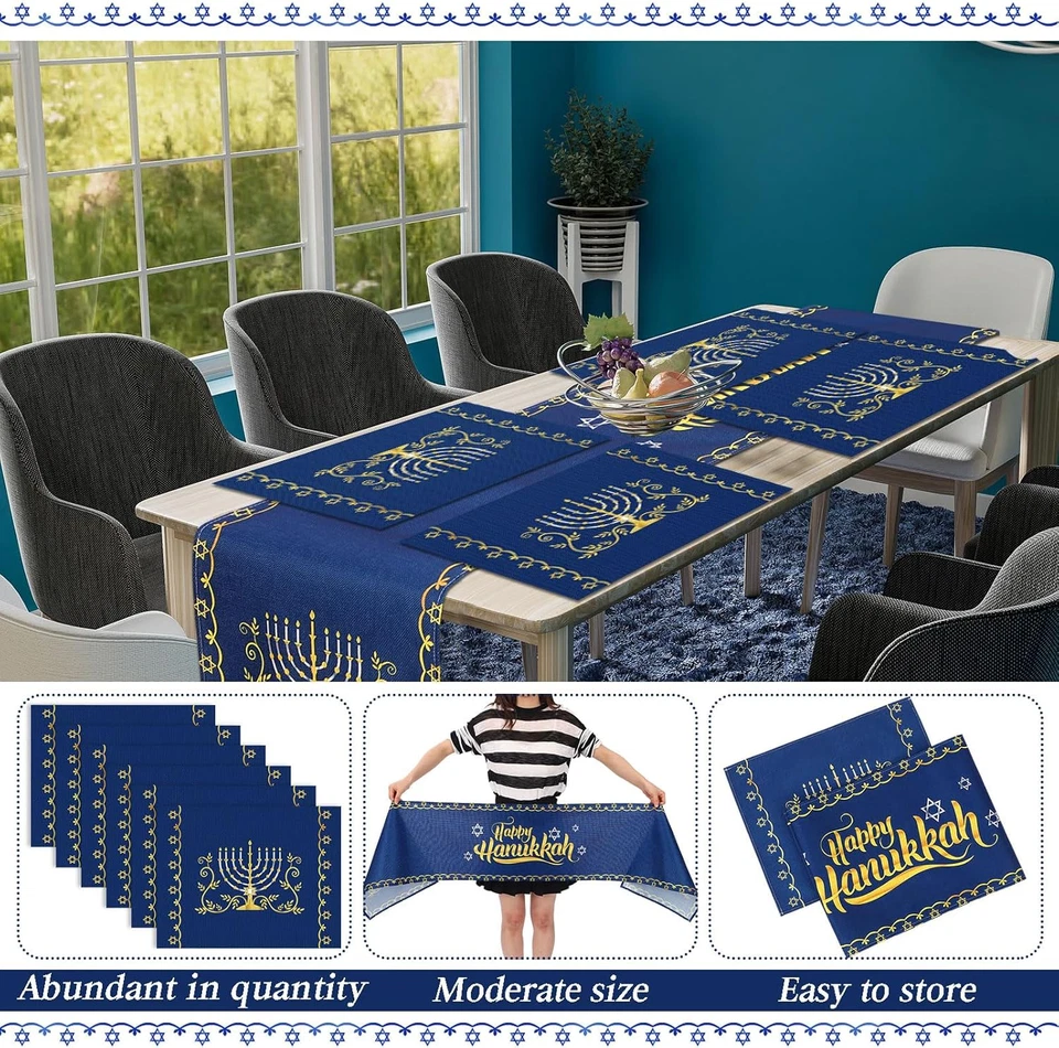 Juego de manteles y corredor de mesa Hanukkah de 7 piezas - corredor de 13 X 72 pulgadas con 6 Hanuk Foto 4 de 4