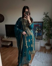 Heavy Chinnon Silk Teal Blue Salwar Kameez With Dupatta For Traditional Wear