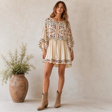 Free People Babydoll Boho Embroidered Mini Dress Sz XSTP Cream Open Back Cottage